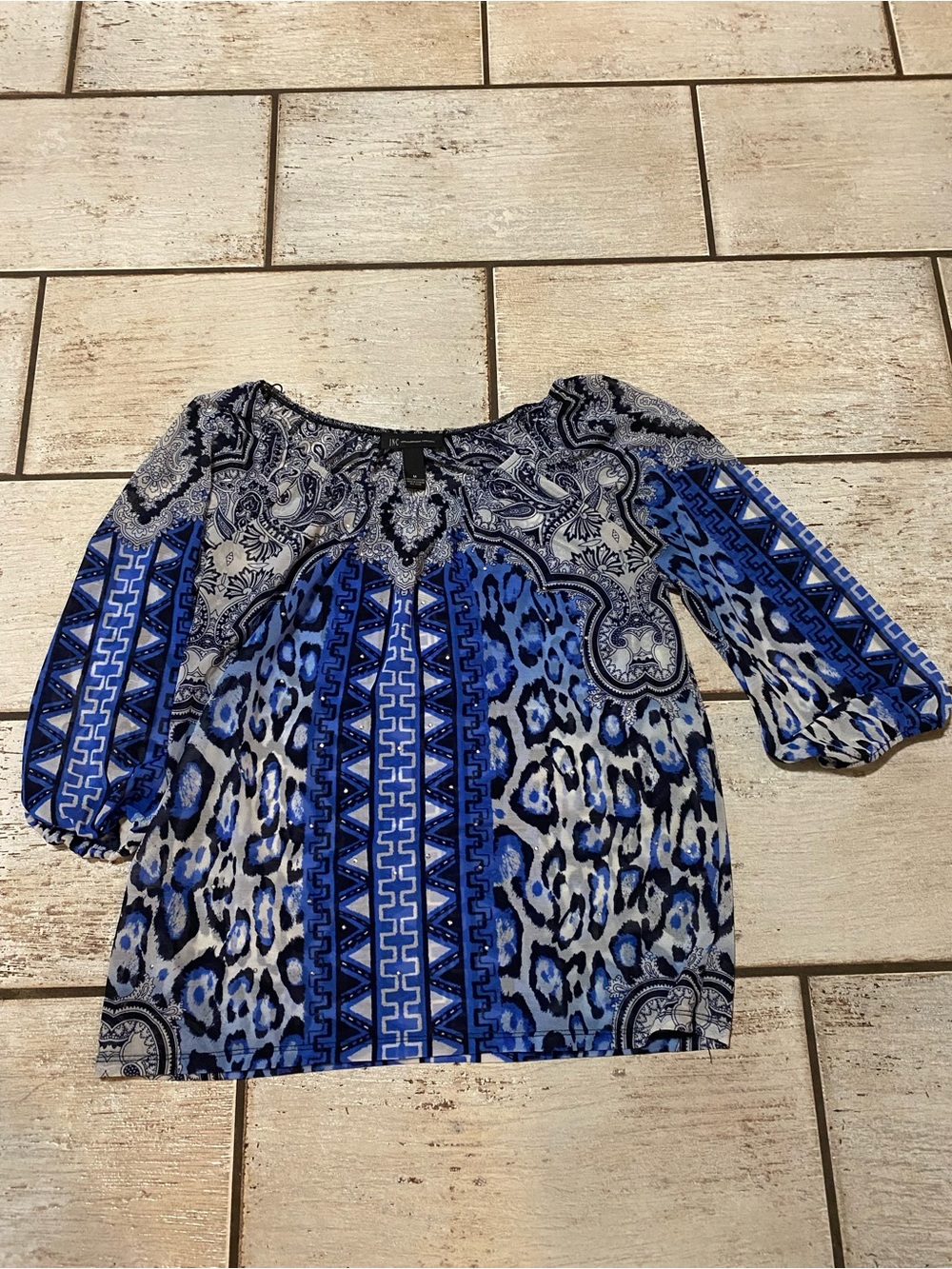 INC International Concepts Blue and Gray Printed Peasant Blouse Size M